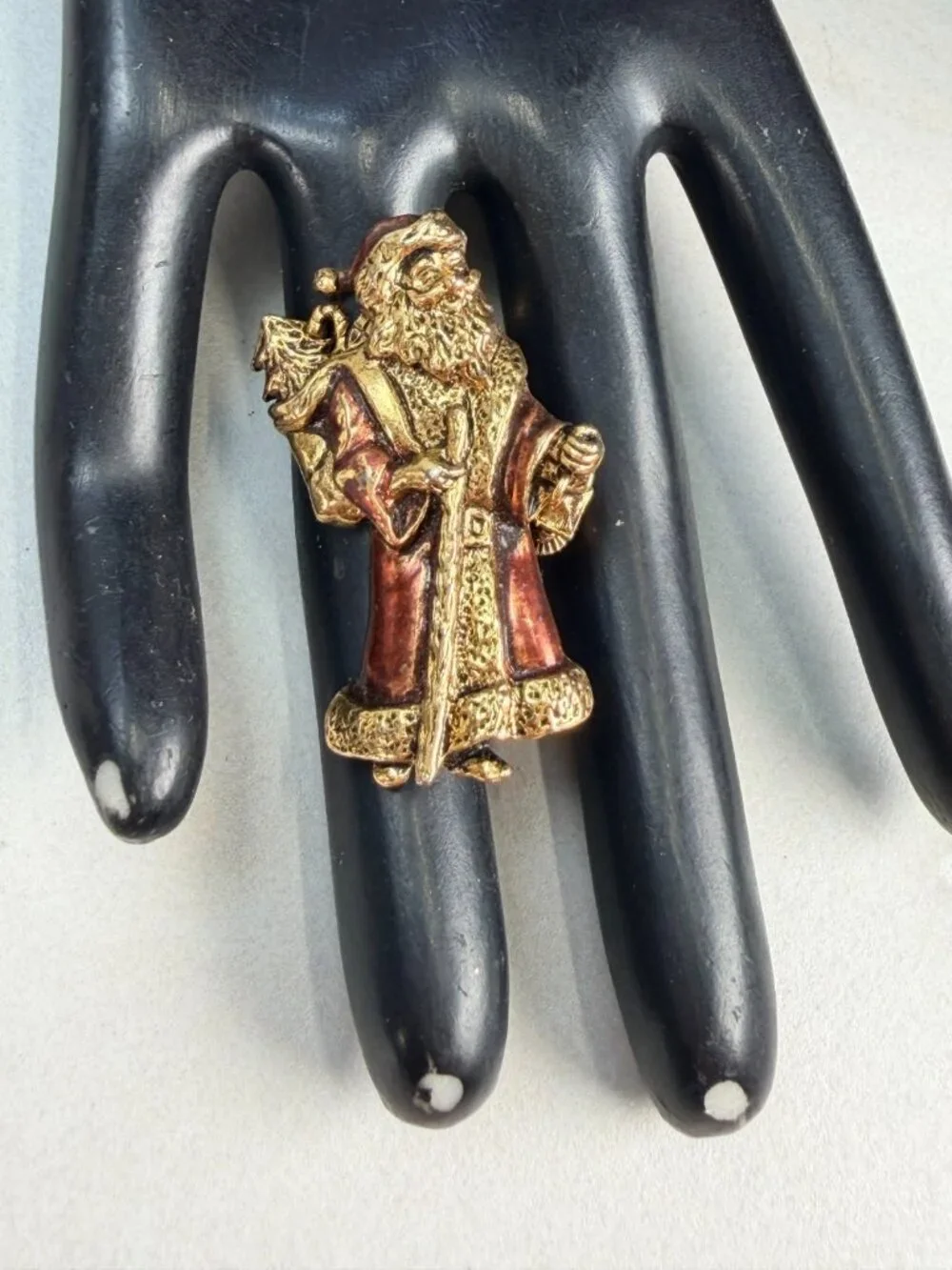 Vintage Santa Claus Brooch Gold Tone Enamel USA Christmas Dangling Lantern Pin